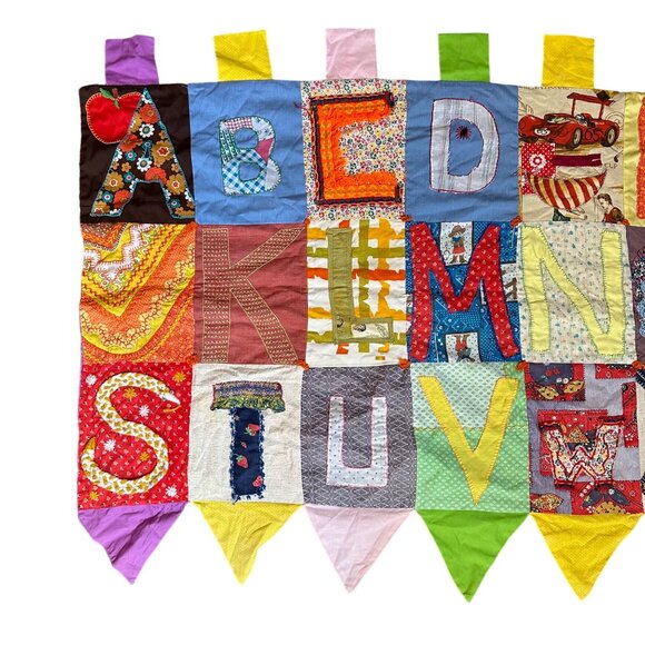 Vintage Alphabet Quilted Folk Art Patchwork Handmade 73"x40" One of a KInd Wall - Picture 2 of 14